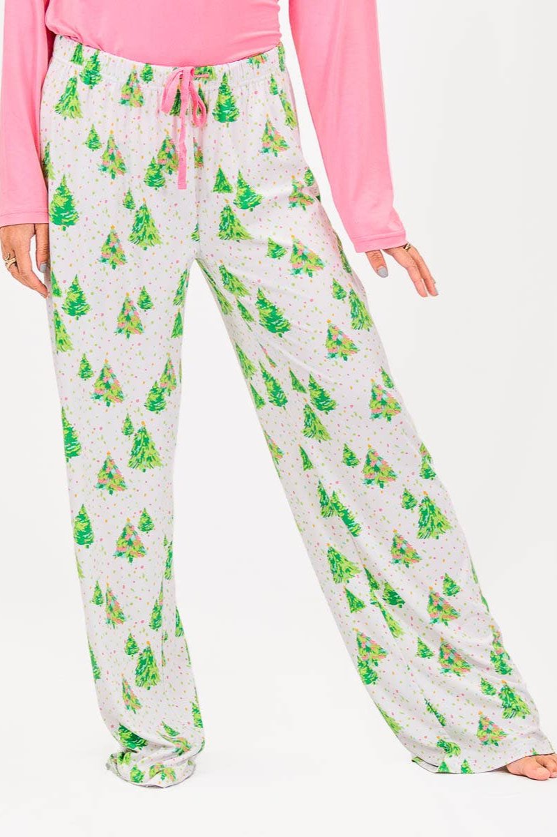 Whimsical Christmas Tree Pink White Green Holiday Pajama Pants
