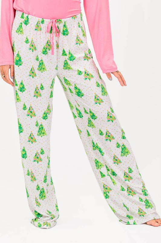 Whimsical Christmas Tree Pink White Green Holiday Pajama Pants