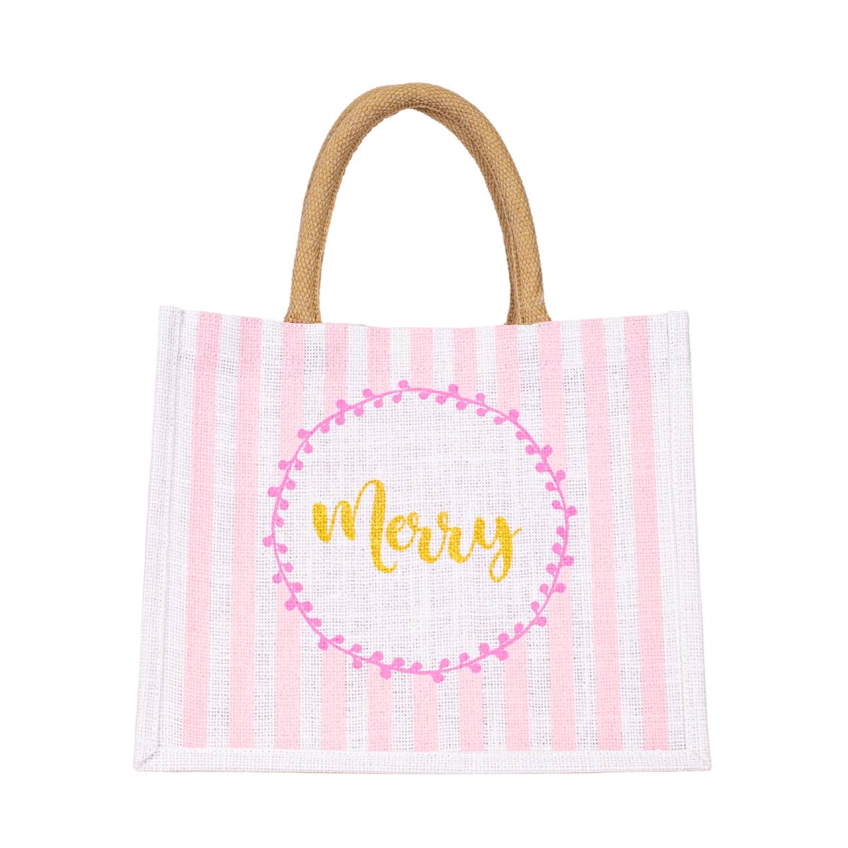 Pink and White Stripe Merry Medium Gift Jute Tote Bag