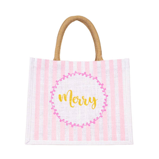 Pink and White Stripe Merry Medium Gift Jute Tote Bag