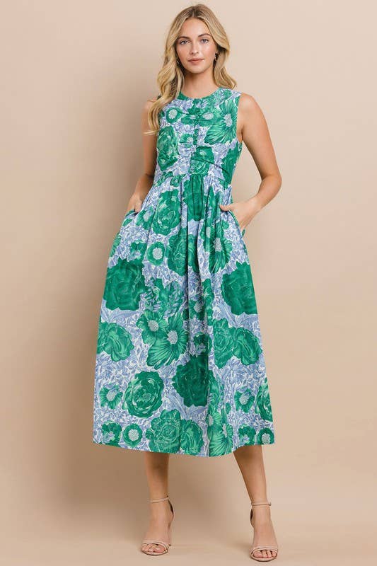 TCEC Green Blue Floral Sleeveless Midi Dress with Pockets