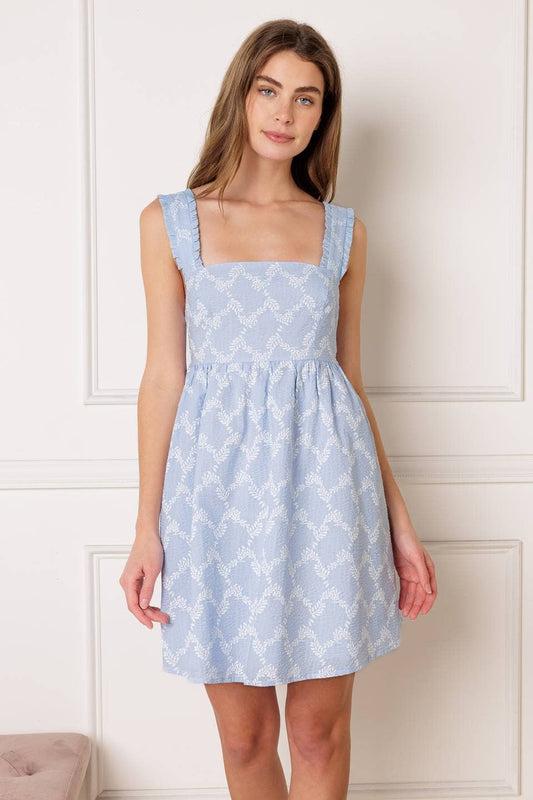 Seabreeze Knit Mini Dress Blue and White Textured Tie Back
