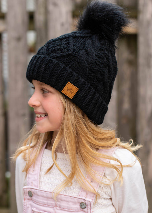 Cable Knit YOUTH Pom Hat | Black