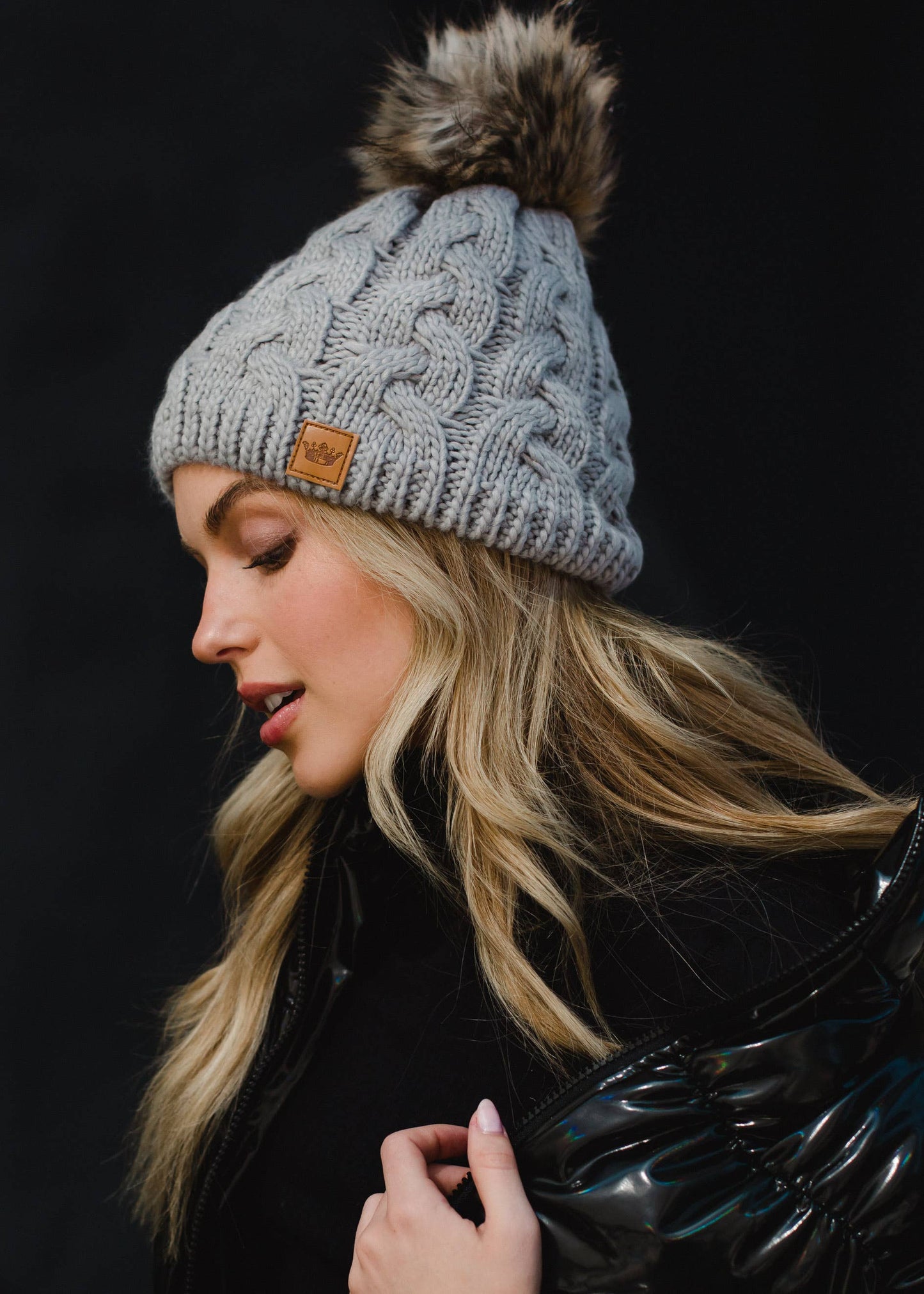 Gray Braided Knit Pom Hat