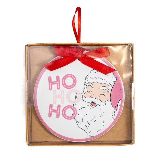 Ho Ho Ho Holiday Santa Pink and White Ornament 