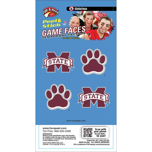 Mississippi State Game Day Waterless Temporary Face Tattoos Officially Licensed