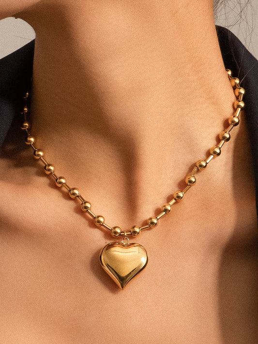 Gold Ball Chain Large Heart Charm Necklace Water Resistant
