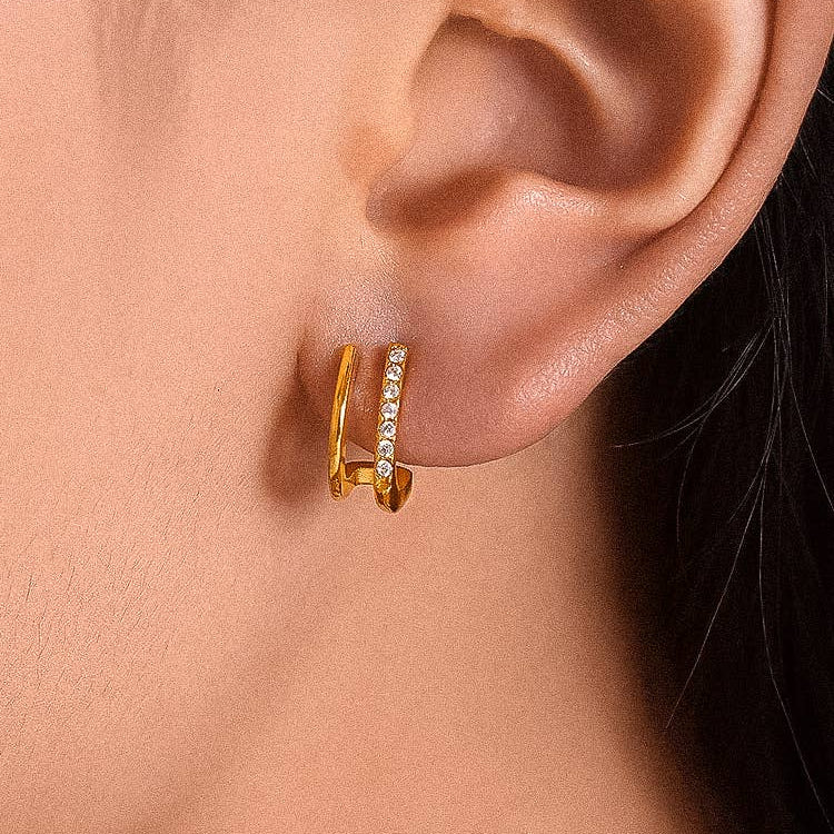 Double Hoop 18K Gold CZ Water Resistant Earrings