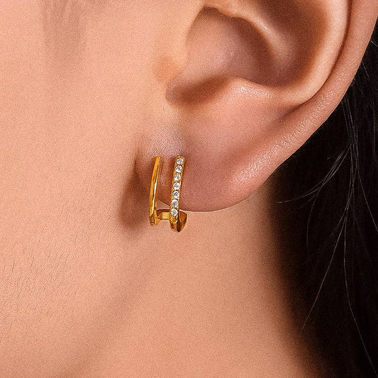 Double Hoop 18K Gold CZ Water Resistant Earrings