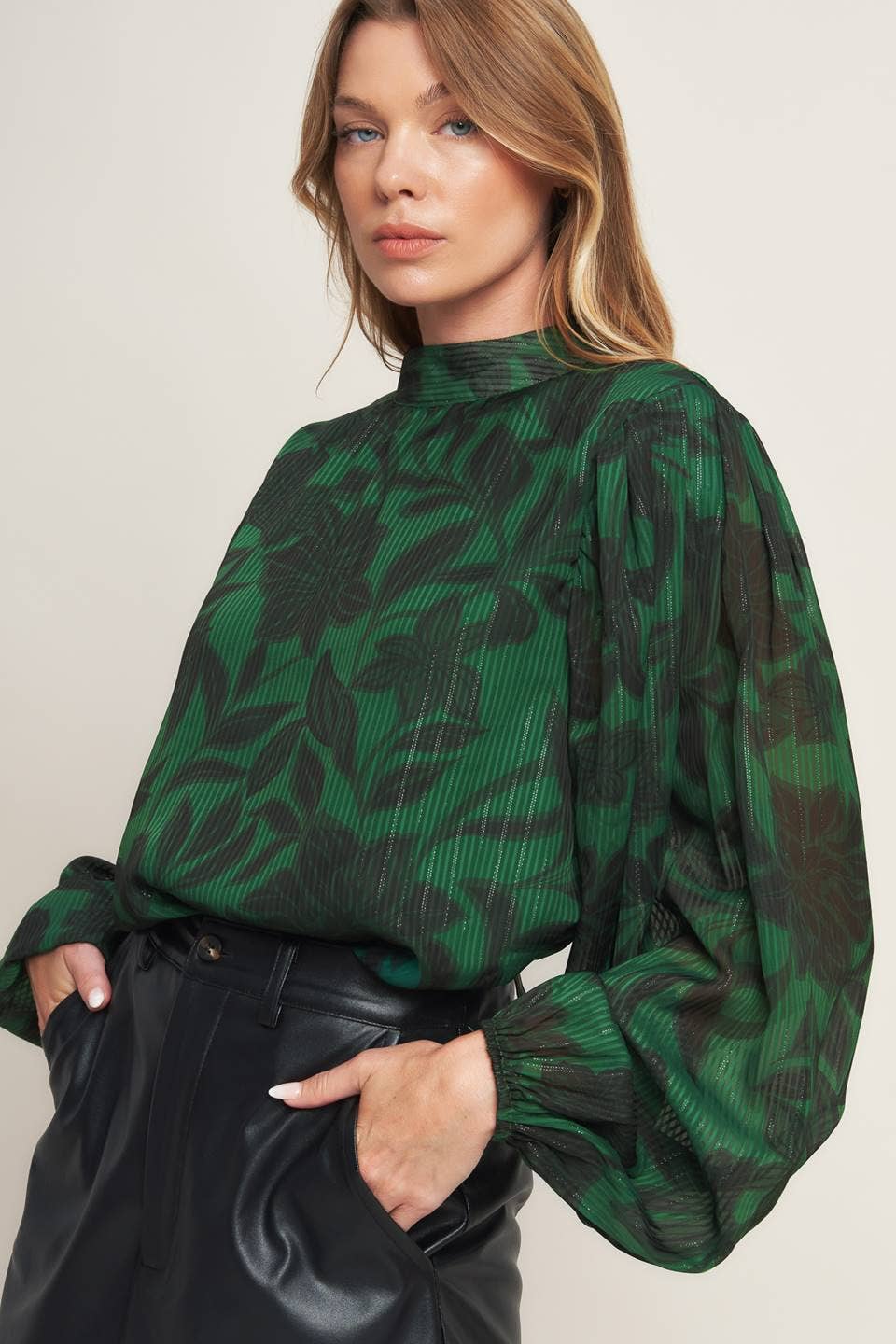 Hunter Green Floral Mock Neck Long Sleeve Blouse