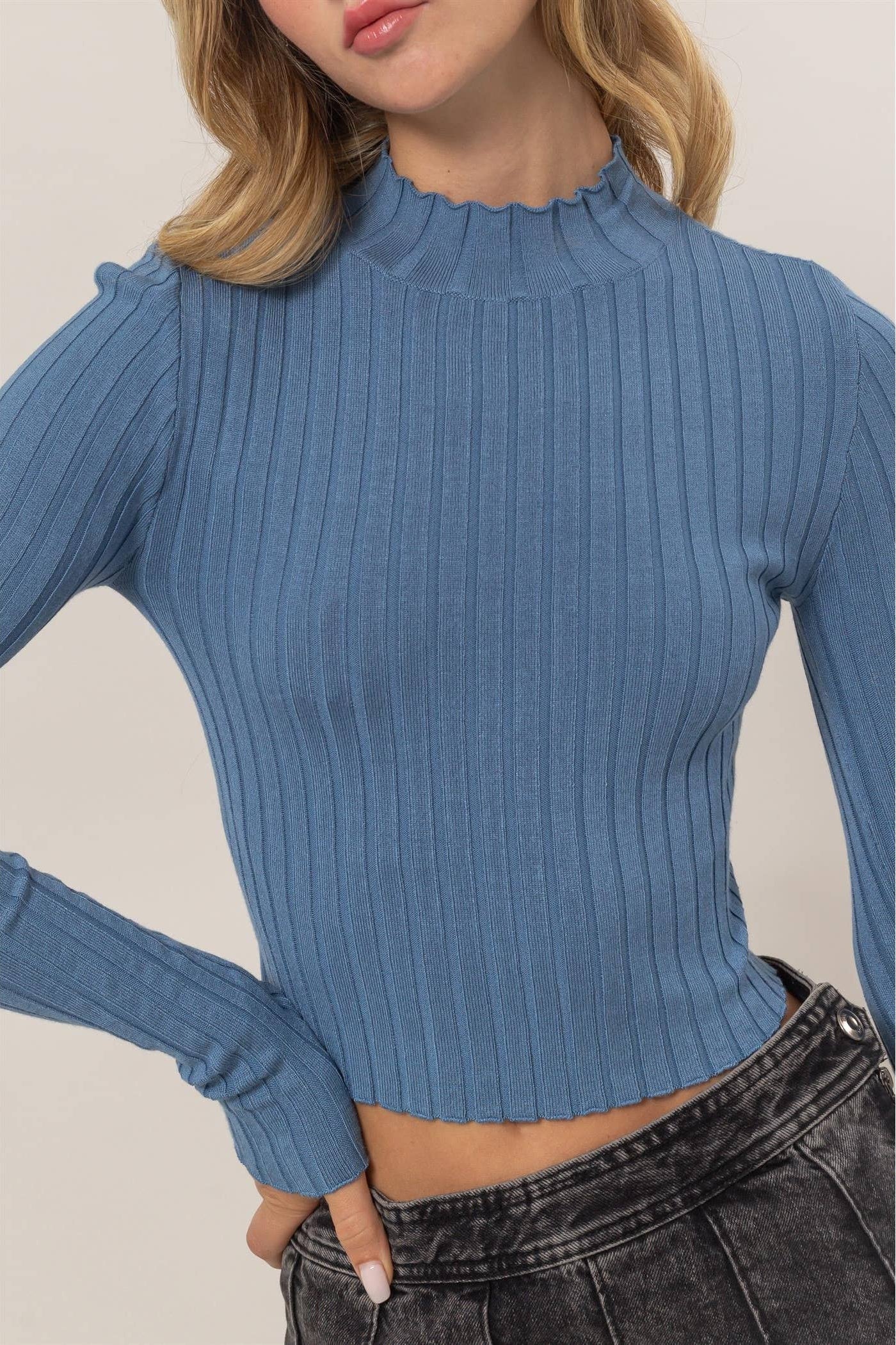 Women's Blue Ribbed Knit Mock Neck Long Sleeve Top 