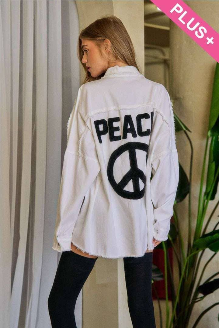 Embroidered Peace Sign White Button up Jacket Plus Size