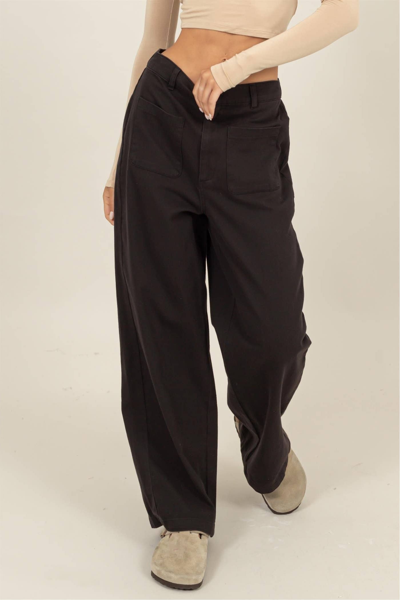 Women’s black cotton twill wide-leg pants