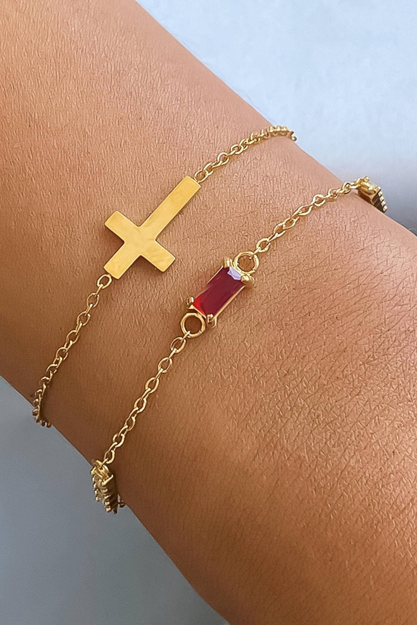 Gold layered Cross Bracelet with Red Gemstone 