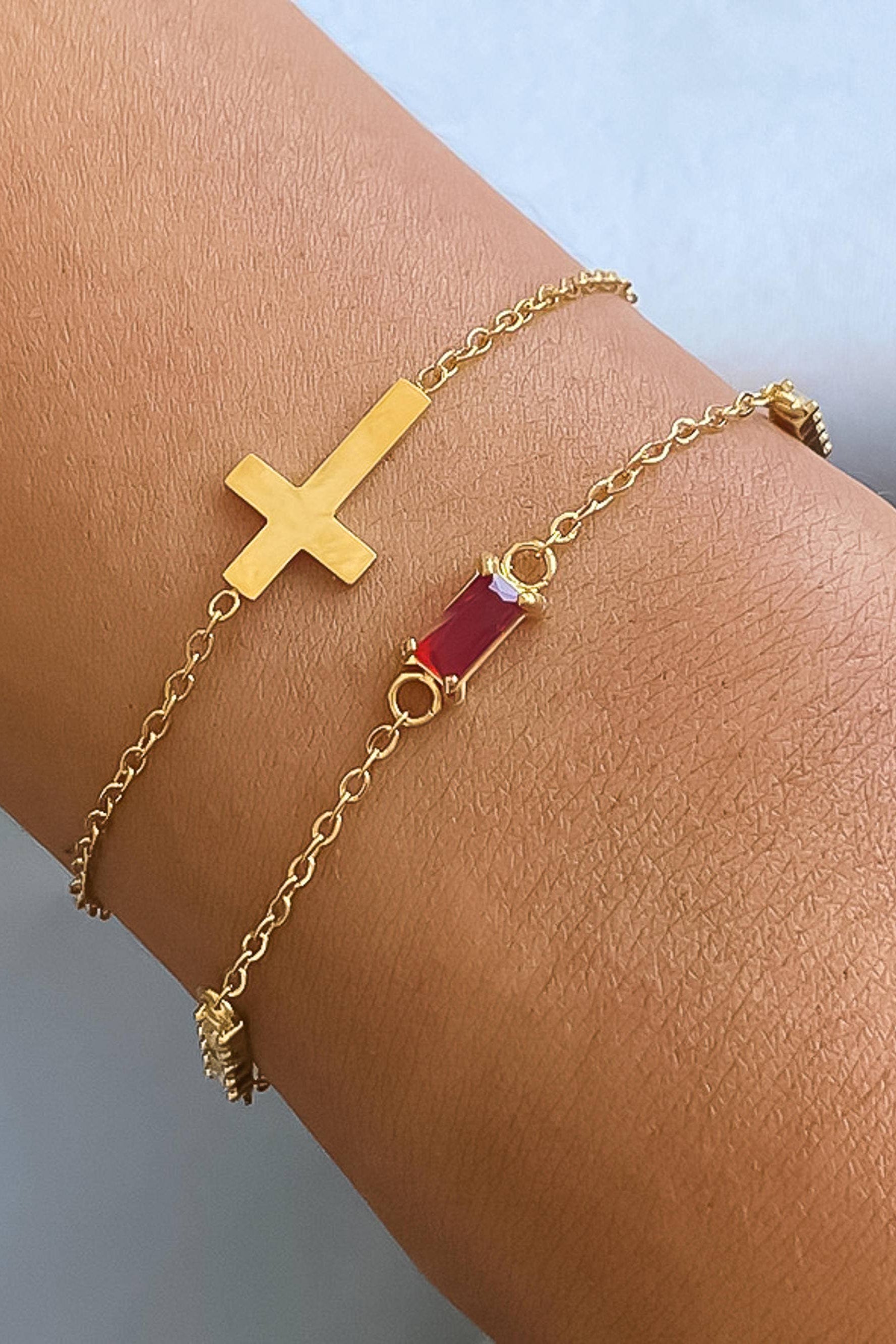 Gold layered Cross Bracelet with Red Gemstone 