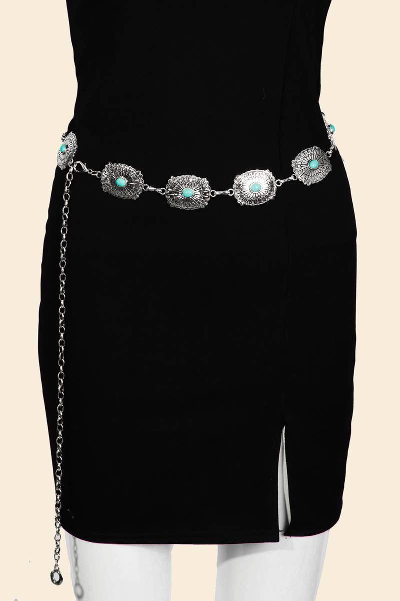 Turqouise Studded oval Concho Chain Belt Silver Western 