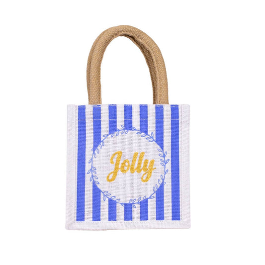 Small Blue White Stripe Jolly Jute Tote Gift Bag 