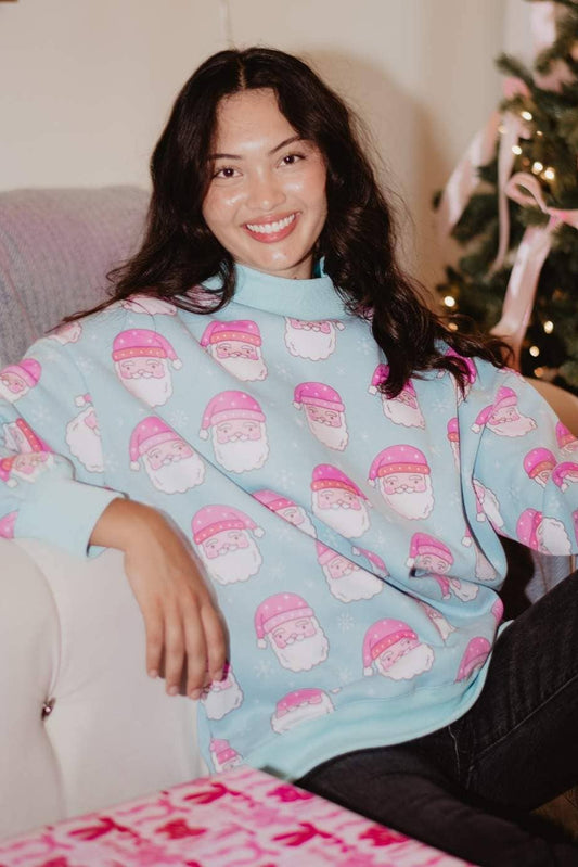 Pink Santa Face Mockneck Pullover Light Blue Sweatshirt