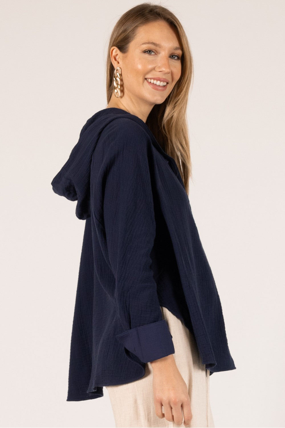 Gauze Hooded Long Sleeve Top | Navy